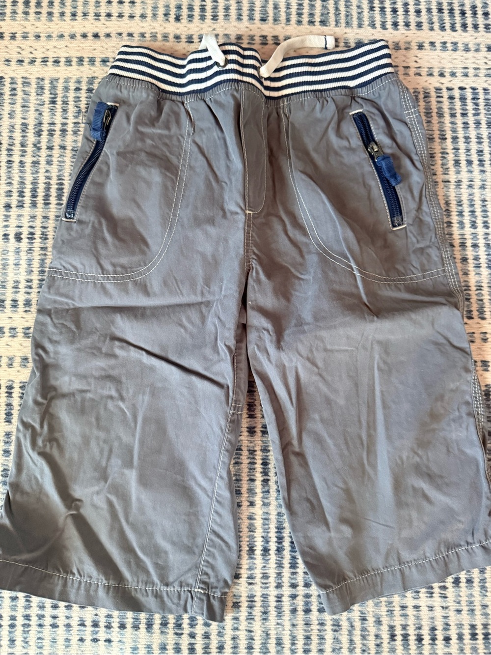Mini Boden Gray Drawstring Waist Shorts with Navy Zip Accents